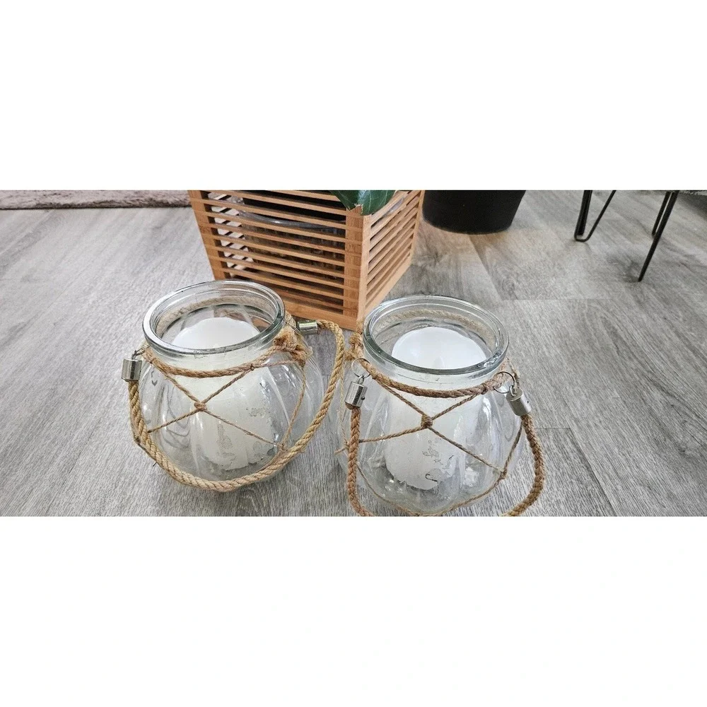 Set of 2 Nautical Glass Lanterns with Jute Rope Netting and Handles Clear Ribbed